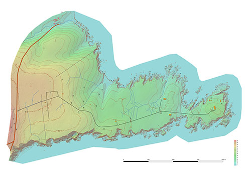 Full line work and hillshaded map of the 230 hectare site